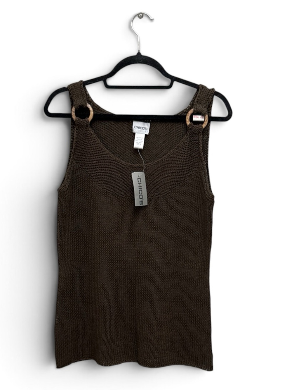 Chico's Brown Knit Tank Top Scoop Neck Wide Strap Ring Accents Size M NWT